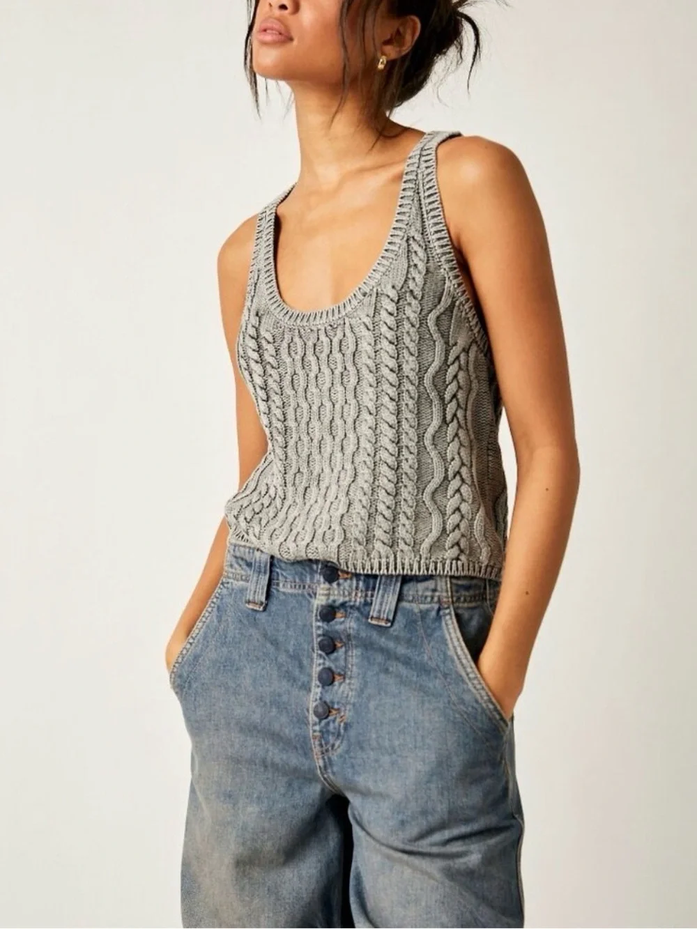 NWT Free People Cable Knit Sweater Tank Gray Cotton Scoop Neck Slouchy Top S